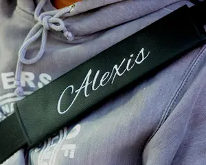 Yupbizauto Personalized Custom Made Faux Leather Embroidered Seat Belt Cover Pad for Car, Truck, SUV – Soft & Comfortable Strap Protector Made in USA