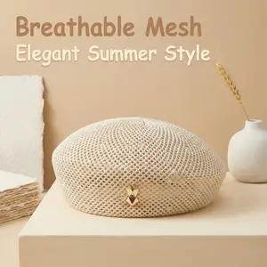 Breathable Mesh Beret - Lightweight Black Crochet Hat with Bunny Pin Summer Accessory
