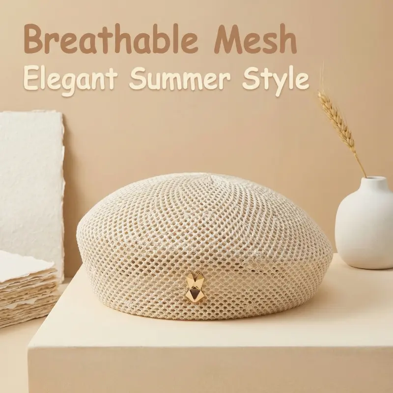 Women's Hollow Crochet Beret, Lightweight Breathable Polyester Mesh with Geometric Bunny Pin for Everyday Summer Wear, Breathable Mesh, Casual Wear, Female Fit, Women's Clothes, For Women