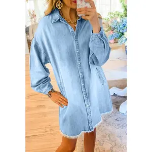 Beau Blue Washed Raw Hem Denim Shirt Dress