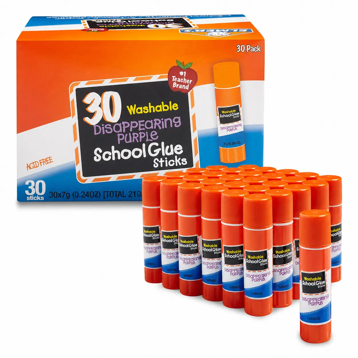 Disappearing Purple School Glue Sticks, Washable, 7g, 30-Count Bulk Pack, #1 Teacher Brand Office Stationery for Classrooms, Posters