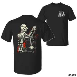 18 to Life Trucker T-Shirt, Skeleton Shifting Gear Graphic, Driving and Surviving Diesel Life Shirt for Hardcore Truckers & Road Warriors, Gift for Owner Operators or Rig Lifers
