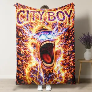 Gravity Falls "City Boy" Psychedelic Cartoon Character Flannel Blanket,Ultra-Soft Plush Throw with Fiery Lightning Skull Pattern for Edgy Home Decor,Perfect for Gravity Falls Fans