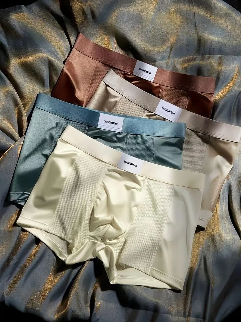 4 Pack Men Cool Satin Boxer Briefs, Random Assorted Colors Lightweight Breathable Summer Daily Underwear