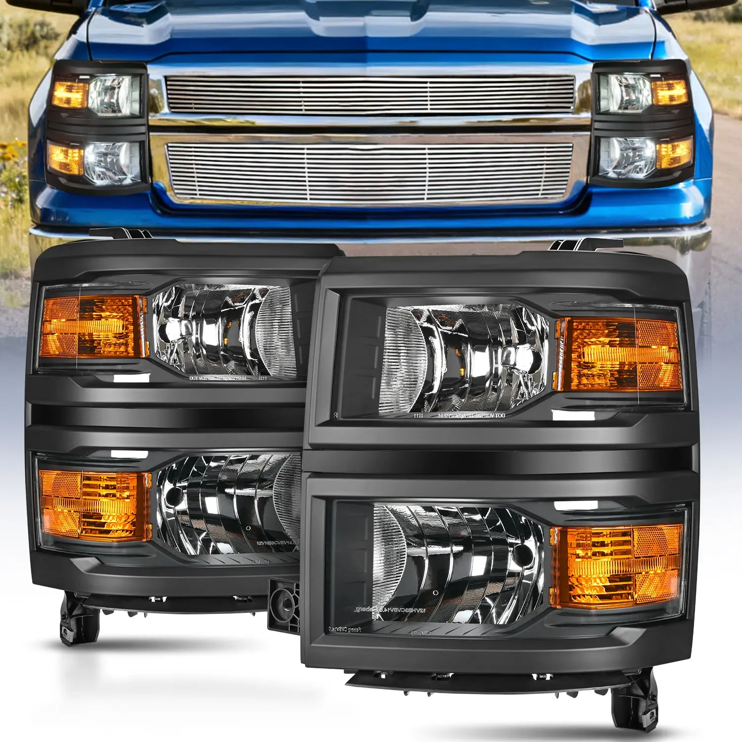 Nilight Headlight Assembly Pair Set for 2014-2015 Chevy Silverado 1500, Black Housing, Amber Reflector, Driver & Passenger Side, 1 User Manual, Adjustable Beam, DOT & SAE Compliant, Waterproof, Plug & Play, HB3/H11 Bulb Compatible, Nighttime Driving Ready