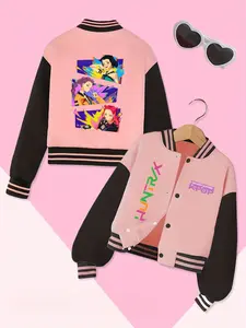 Girls' Kpop Demon Hunters Baseball Jacket, Two-Sided Print Casual Cute Outerwear, Fall & Winter Elastic Fitted Coat, Daily Korean Style