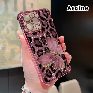 Fashion pink butterfly Pattern Four Corner Anti-Fall Phone Case Transparent Electroplated Protective Cover for iPhone 16 Pro Max 15 Plus 14 13 12 11 E