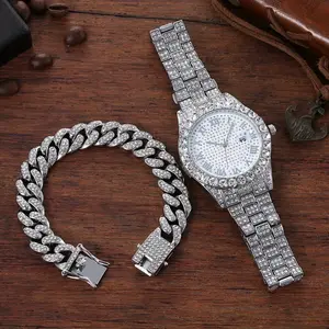 Sparkling Faux Diamond Men's Hip-Hop Watch - Luxurious Cuban Link Alloy Quartz Timepiece with Date Display, Non-Waterproof