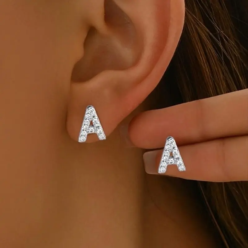 Women's 1-Pair Copper-Base Silver-Plated Synthetic Zircons Letter Motif Ear Studs - Custom, Elegant, Versatile Costume Jewelry, Personalized Gifts Fashion Accessory