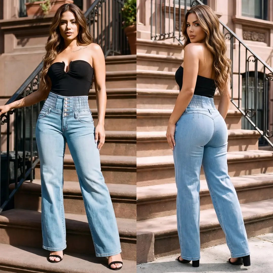 Moda Xpress MX JEANS Ultra High Waist Classic Blue Wide Leg Push Up Levantacola Jeans – Spandex Waistband, Straight Fit, Stretchy Material