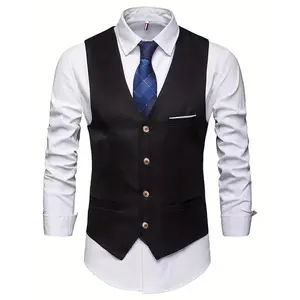 Single-Breasted Smart Suit Vest — V-Neck Men’s Solid-Color Retro-Style Waistcoat for a Formal Dinner Look
