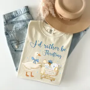 Comfort Colors I’d Rather Be Thrifting T-Shirt, Retro Thrift Aesthetic Shirt, Blue Gold Vintage Decor Cart, Boutique Style Tshirt
