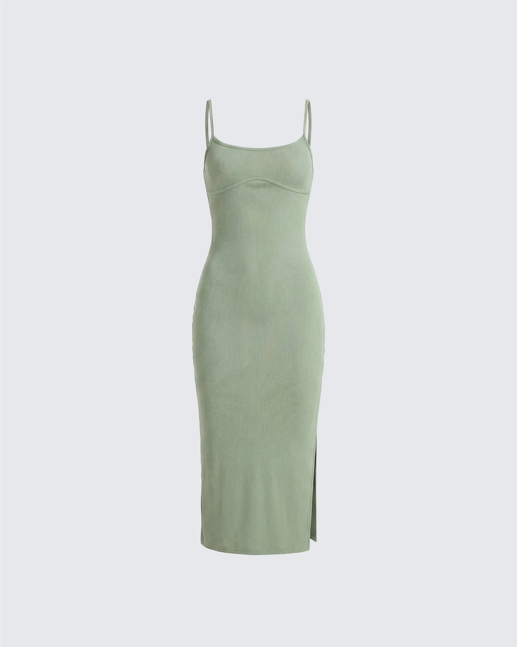 Women's Christa Spandex Casual Midi Dress - Sage Ribbed Sleeveless Bodycon, Adjustable Spaghetti Straps, Ruffle Trim, Thin, Hip-Flattering Slimming Design, Brunch Dates, Going Out Wear