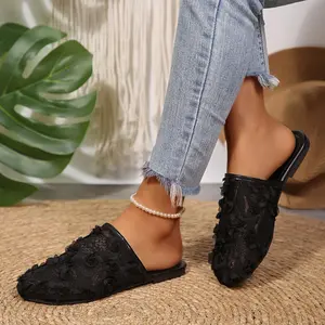 Women's Mesh Ballet Flats Round Toe Backless Flats with Bow & Flowers Slip On Comfy Sweet Flat Shoes Dressy Casual Office