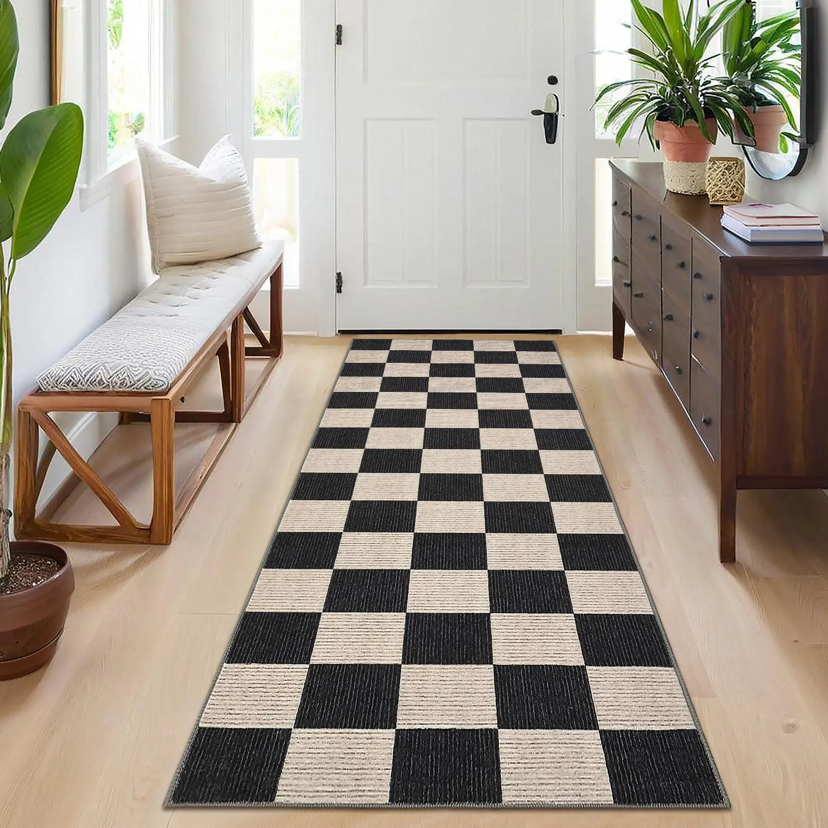 Gaomon 2x6 Rectangular Checkerboard Washable Runner Rug, Non-Slip Rubber Backing, Stain-Resistant Low Pile Carpet for Entryway, Bathroom Indoor Furniture Use