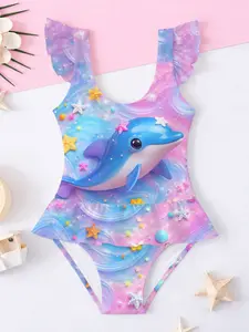 Girls' Summer Fashion Digital Print Swimsuit Jumpsuit, Sweet Dolphin Pattern, Slim-Fitting Casual Swimwear for Parties & Birthdays
