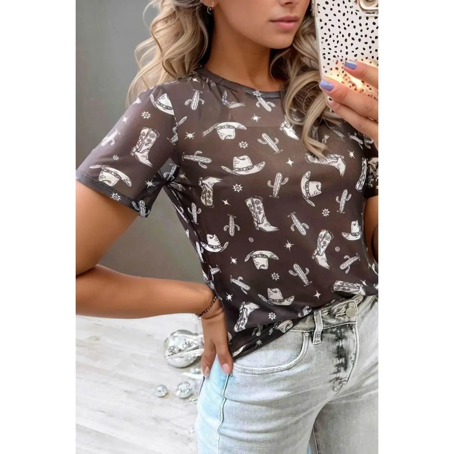 Western Pattern Mesh Sheer Crew Neck Top
