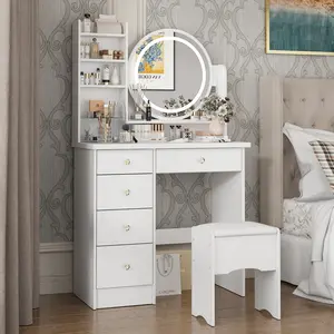 FUFU&GAGA  Vanity Desk with Mirror, Lights and Drawers for Makeup, includes Shelves, Cushion Stool for Bedroom White (31.5”W x 15.7”D x 53.1”H)