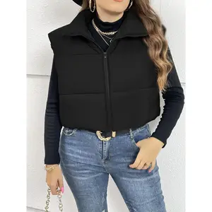 Plus Size Basic Vest Jacket, Women's Plus Solid Zip Up Stand Collar Puffer Vest Jacket Coat