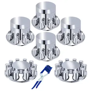 Semi Truck Axle Cover Kit Set ABS Chrome Plastic Front & Rear Wheel Covers Removable Hub Cap with 33mm Thread-On Flange lug Nut Covers (2 Front + 4 Rear, Flat Top)