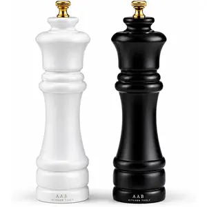 Wooden Black and White Manual Refillable Large Salt and Pepper Grinder Set, Shaker with Adjustable Ceramic Grinding Mechanism for Customized Coarseness, 8 Inches, Pack of 2