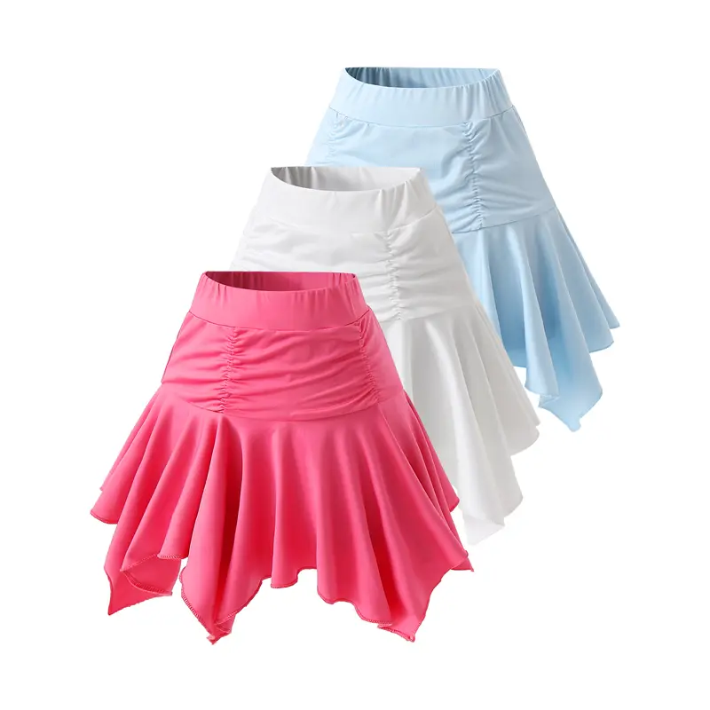 3-Pack Girls' Summer High-Waisted Pleated Asymmetrical Hem Ruffle Active Skirt Children's Tennis And Dance Skirts