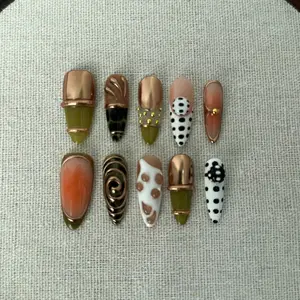 Vintage Y2K Caramel Nail Wraps, Polka Dot + Metal Spiral + Tortoiseshell Design, Handmade 10-Piece Set, Reusable, Medium-Length Pointed Nails