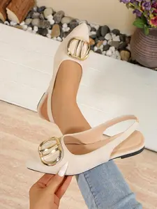 Fashionable Pointed Toe Backless Flat Shoes, Metal Buckle Decor, Simple Commuter Style, Breathable Comfort, Versatile Daily Wear