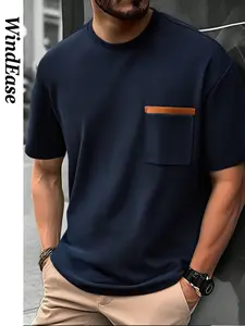 American Style Waffle Patch Pocket Short Sleeve Loose Fit Oversized Streetwear T-Shirt, Casual Long Top, Sporty Design