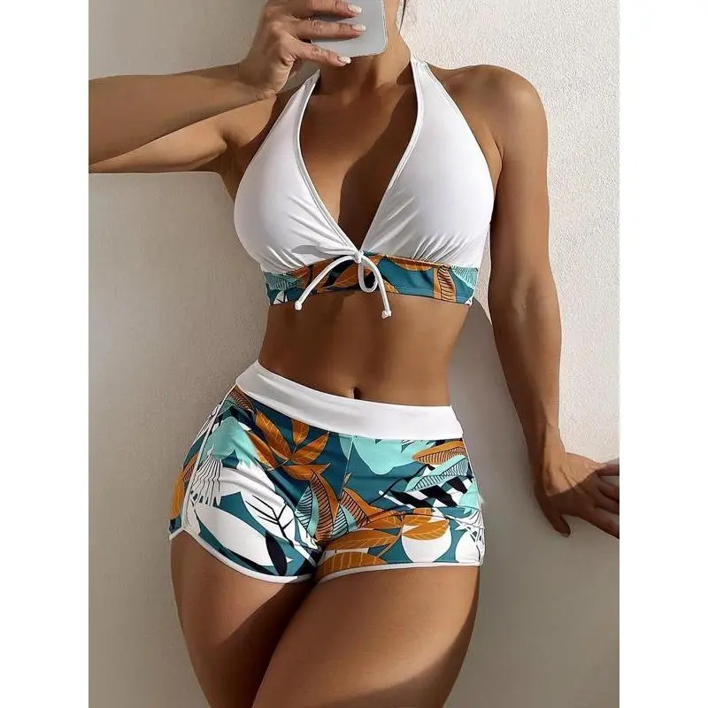 Two-Piece Set Women's Tropical Print Tie Front Halter Tankini Set, Casual Sleeveless Swim Top & Swim Shorts for Summer Beach Holiday Vacation, Summer Outfits 2024, Tankini Bathing Suits