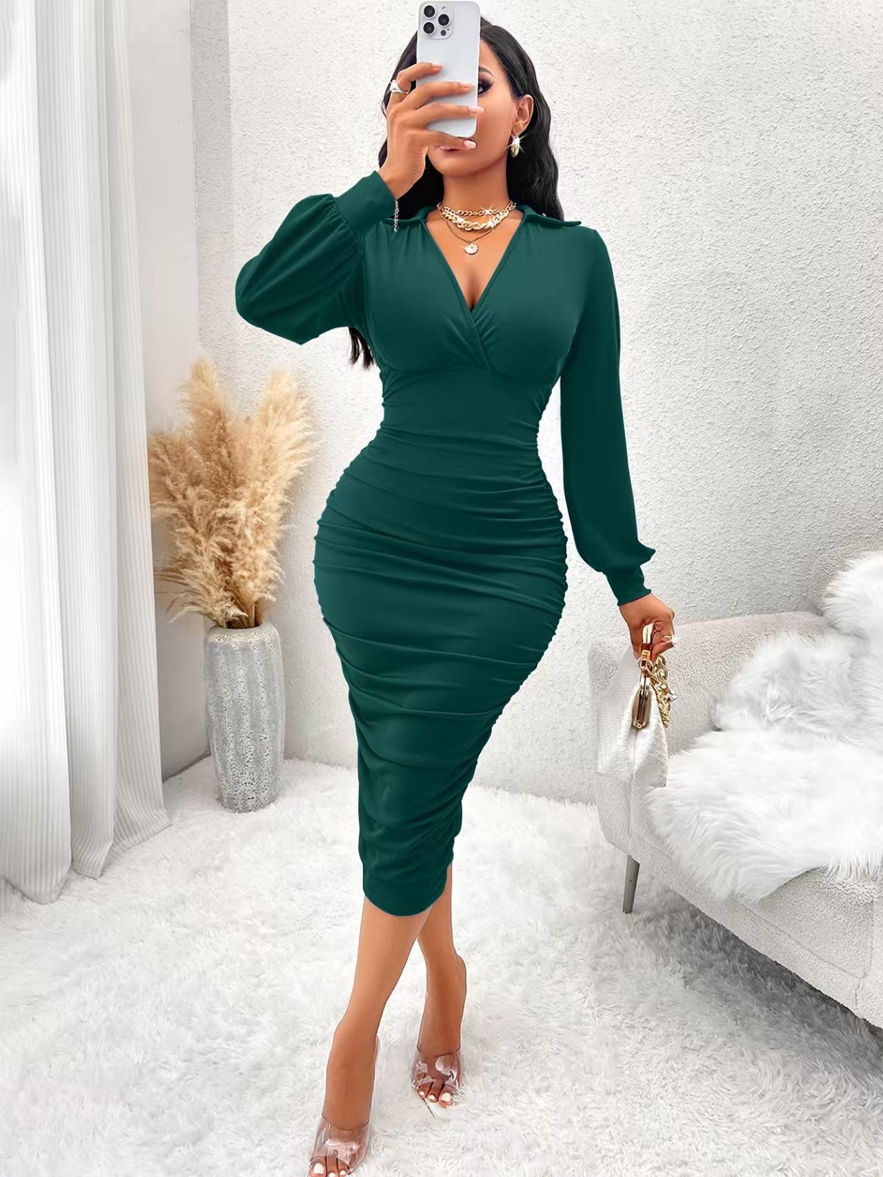 Women's Elegant Casual Chic Side Ruched Long Sleeve Slim Fit Bodycon Midi Dress for Autumn Fashion