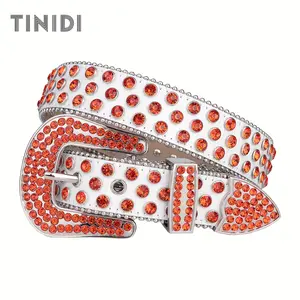 Western Cowboy Orange Rhinestone Belt, 2024 Popular Party Wide Belt, Designer Belt, Shiny Rhinestone Inlaid Belt for Jeans and Party Glam Style cheetah print belt belts men Beaded