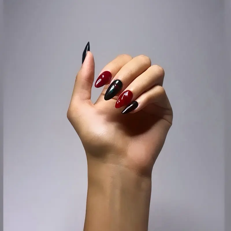Glossy Deep Red Jelly Press on Nails with heart and rose details Manicure almond press
