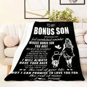 To My Bonus Son Blanket 270G Flannel Fleece Throw with Heartwarming Message and Mother-Son Illustration Perfect Gift for Step Son from Stepmom on Birthday Christmas Thanksgiving Graduation or Any Spec Soft Warm Blanket
