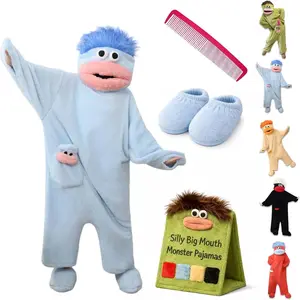 Goofy Fleece Onesies Adults Silly Big Mouth Monster Pajamas Funny Plush Hooded Loungewear Jumpsuit with Hair and Comb