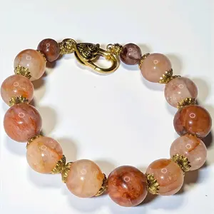 Fire Quartz Memory Wire Bracelet, gold accents, chunky beads, size 7.5 inches