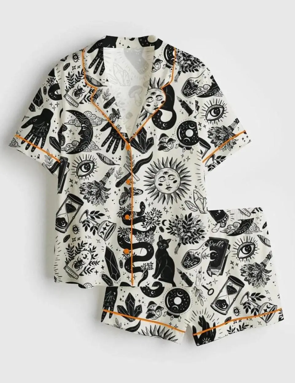 Witchy Pajama Set for Women – Occult Print Short Sleeve Pajamas, Gothic Mystic Sleepwear, Soft Cotton Blend, Breathable Comfort, Lightweight Feel, Moves with You