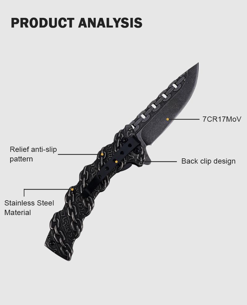 EDC multifunctional lock chain tactical outdoor folding knife, made entirely of steel; convenient pocket/belt clip for easy carry; outdoor cutting tool designed specifically for climbing and fishing; a camping and hiking essential.