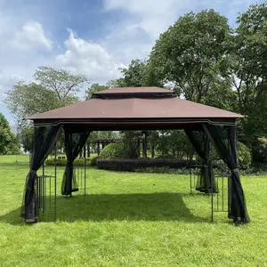 13x10 FT Outdoor Gazebo with Double Roof Ventilation and Full Mosquito Netting, Detachable Mesh Screens on All Sides, Brown Top Canopy Tent for Patio, Lawn, Garden, Backyard, Deck, Outdoor Entertainment