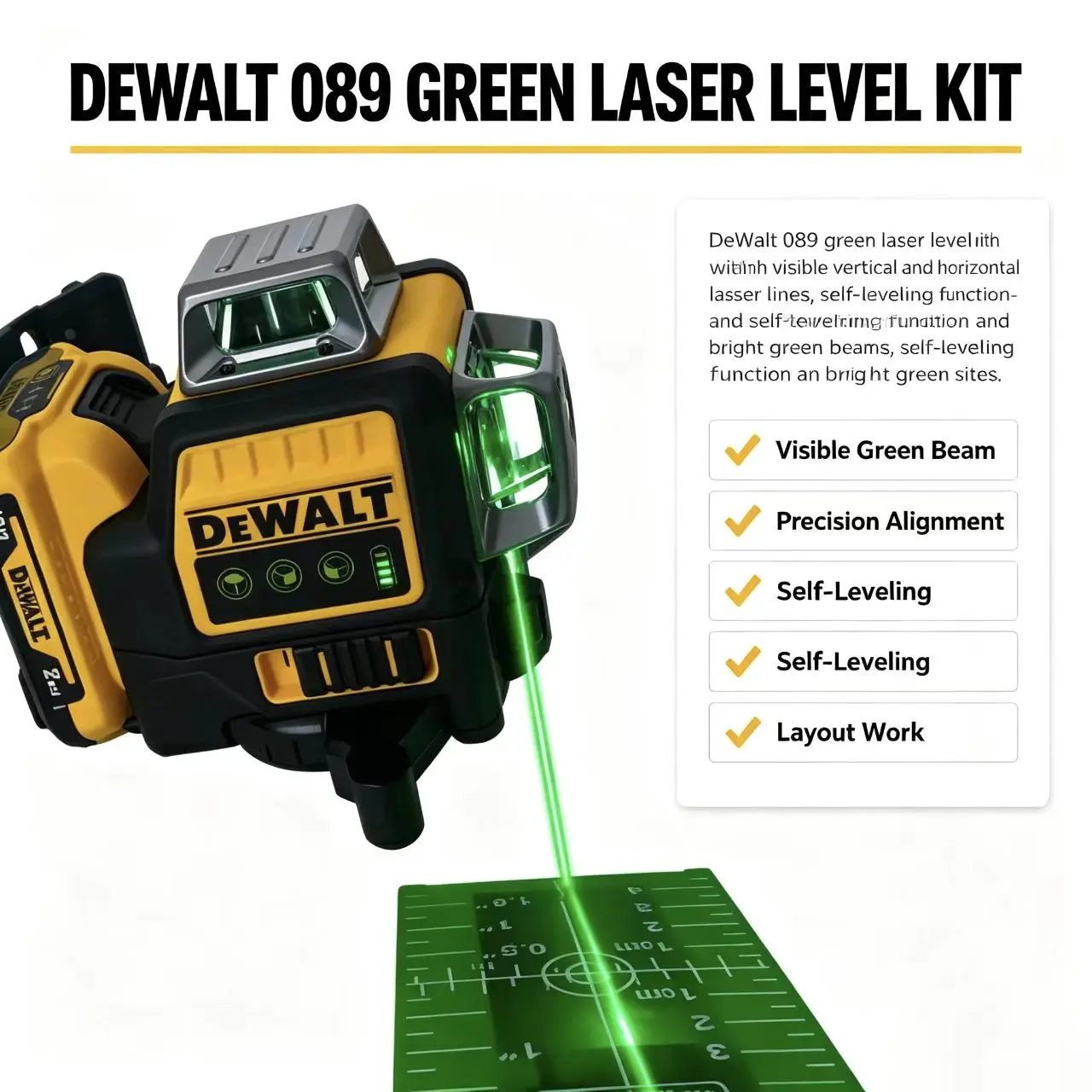 DEWALT DW089LG 12V Green 3×360 Laser Level Complete Kit, Self-Leveling Cross Line Laser Tool, IP65 Waterproof For Tile Installation, Construction Renovation & Professional Layout Work