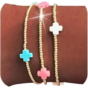 GleamJoy S Gold Bracelets for Women Stack Non Tarnish Cross Pearl Stretch Beaded Bracelets Jewelry Birthday Gifts for Women Easter Basket Stuffers