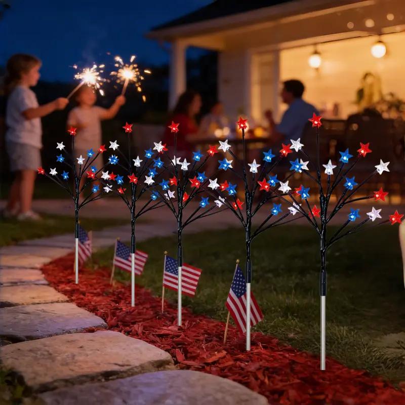 Set of 5, July 4th Outdoor Decorative Solar Stake Lights, Patriotic Red, White, and Blue Star-Spangled Solar Lights, Waterproof Outdoor Fourth of July Lights, Perfect for the Fourth of July, Memorial Day, Gardens, Pathways, Yards, Sidewalks, and Parties S