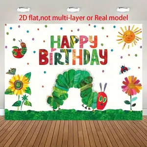 1PC 2D Happy Birthday Backdrop Banner - Super Large with Caterpillar, Sun, Flowers & Polka Dots, Durable Polyester, Easy Setup for Indoor/Outdoor Birthdays/Anniversaries, Versatile Photography Background White