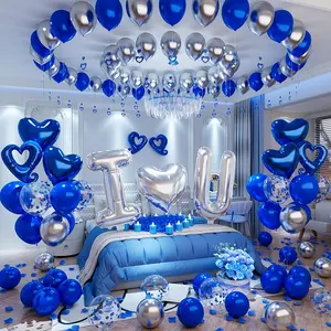 I Love You for Him/Her Balloons Royal Blue and Sliver balloon kit with 24/18in Heart Shaped Foil Balloons and 400pcs Blue Artificial Rose Petals for Valentines Party Romantic Decoration