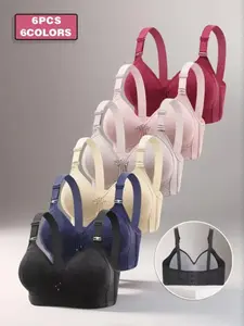 6-piece set of beautiful back lace women's lingerie, comfortable and breathable, fit everyday bra, non-magnetic, no wire, large-sized thin fixed cup bralette bra