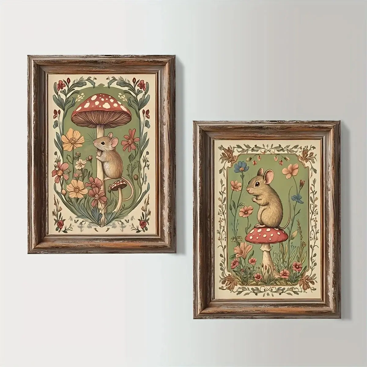 Vintage-style folk wall decoration featuring forest mice and mushrooms, 2D flat canvas poster, Vintage Prints, Vintage Design, decorative artwork, Artwork for Walls, suitable for home and office decor, Home Decor Products