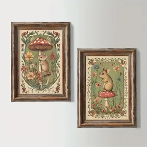 Vintage-style folk wall decoration featuring forest mice and mushrooms, 2D flat canvas poster, decorative artwork, suitable for home and office decor