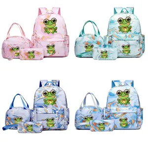 3-Piece Backpack Set Cartoon Frog Series, Adjustable Straps, Tablet Compartment, Lightweight Comfortable, Ideal for Daily Use and Travel