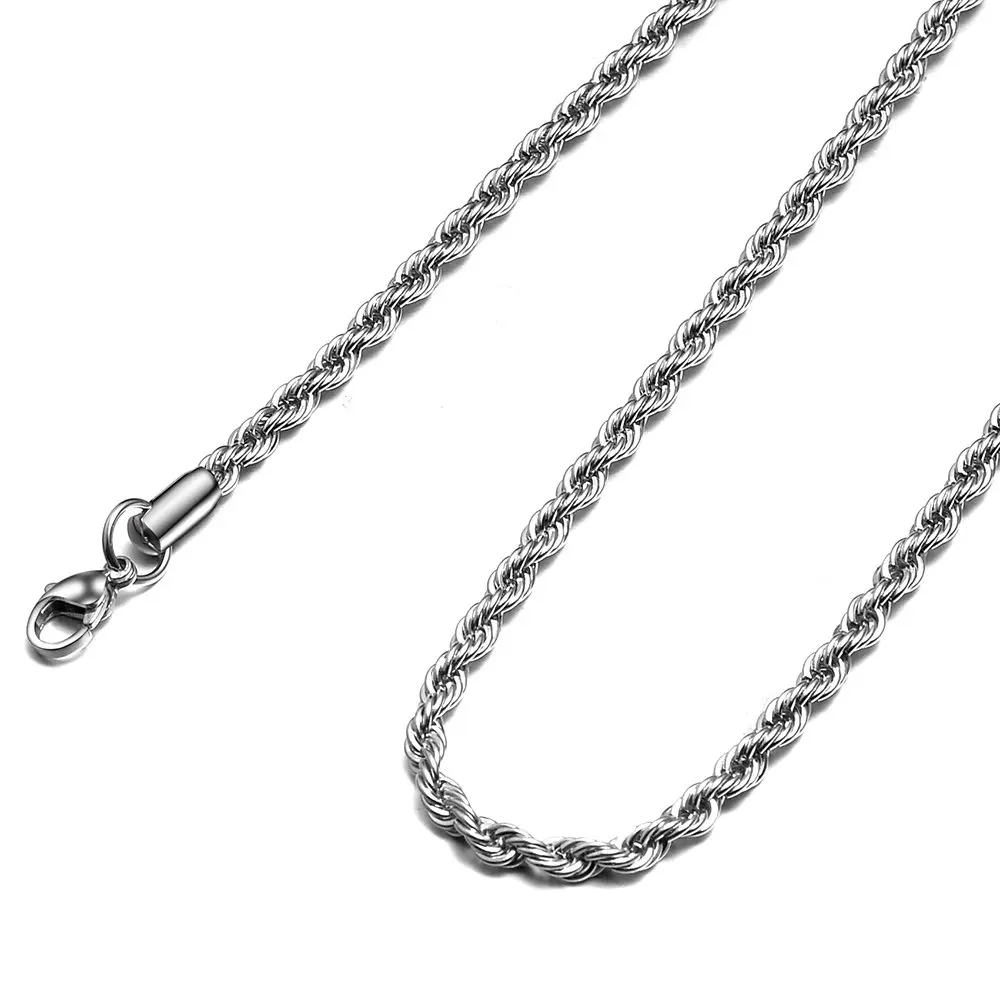 Rope Chain Necklace for Men and Women, Durable 2.5mm-3mm Stainless Steel Braided Twist, Fashion Jewelry, 18-24 Inches, Rope Chain Necklaces, Cross
