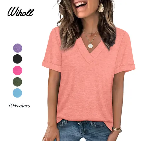 WIHOLL Women's V-Neck T-Shirts - Casual Loose Fit Short Sleeve Tops with Rolled Sleeves, Soft Stretchy Breathable Fabric, Wardrobe Staples, Clothes for Women, Everyday Summer Wear